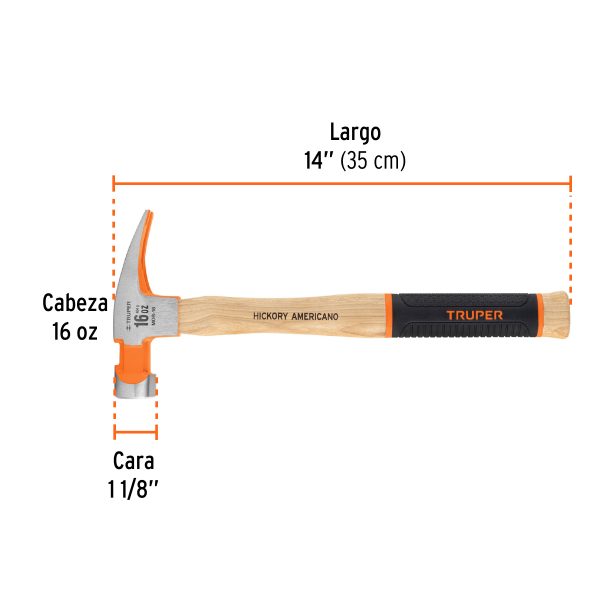 16658 - Martillo pulido 16 oz uña recta, mango hickory, Truper Grip
