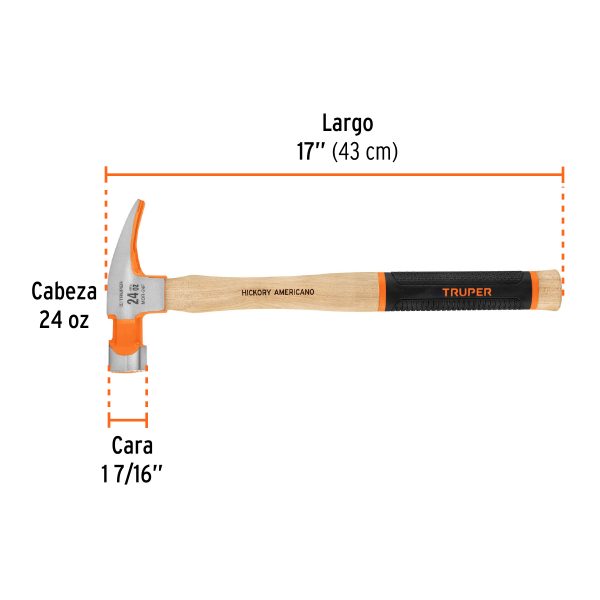 16662 - Martillo pulido 24 oz uña recta, boca fresada, Truper Grip