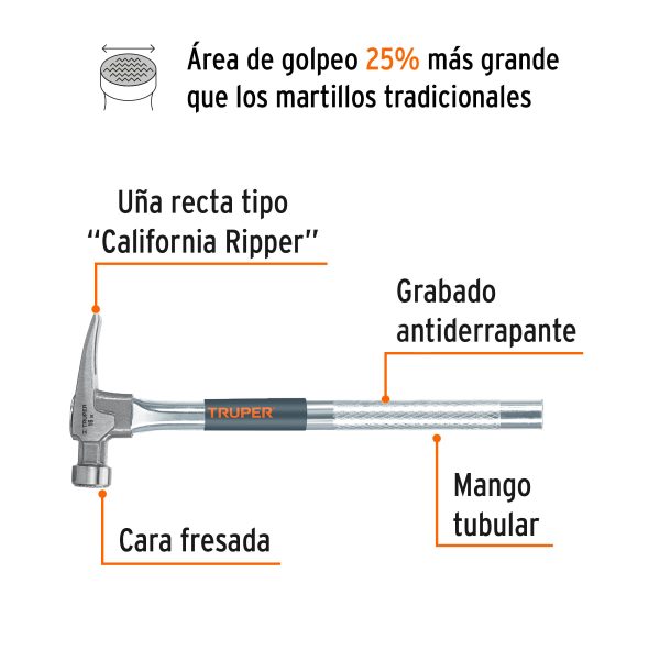 10643 - Martillo tubular 16 oz uña California Ripper, cara fresada