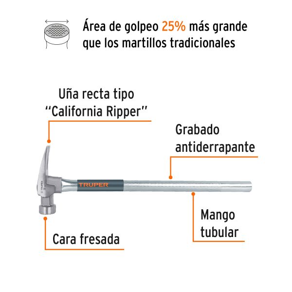 10644 - Martillo tubular 20 oz uña California Ripper, cara fresada