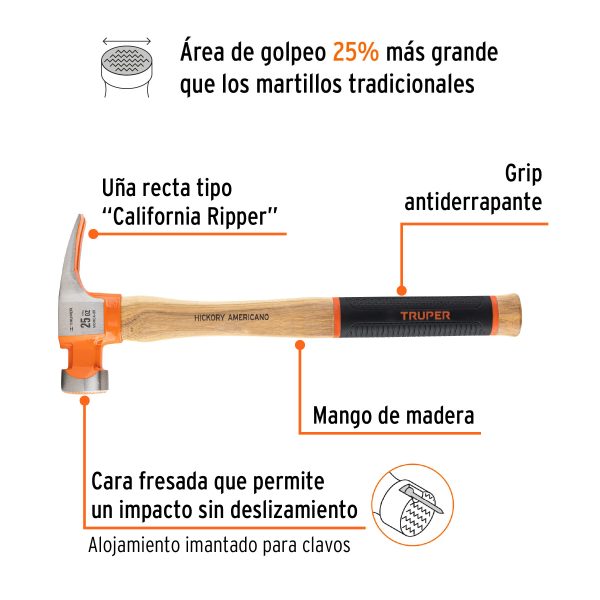 16863 - Martillo 25 oz uña recta tipo California Ripper, Truper Grip