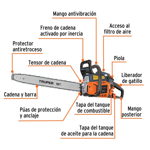 16297 - Motosierra 38 cc a gasolina con barra de 18', Truper