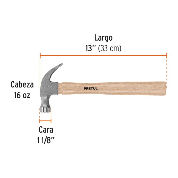 22290 - Martillo semipulido, 16 oz, uña curva, PRETUL