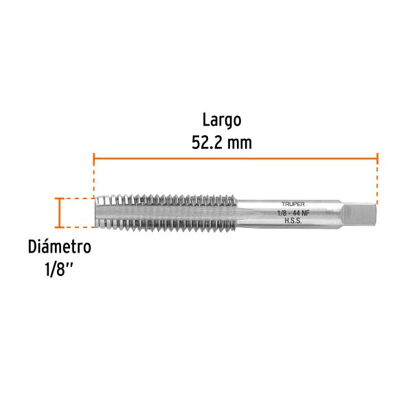 11416 - Machuelo semicónico 1/8' x 44 cuerda fina, Truper