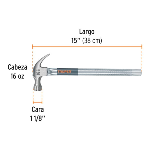 16701 - Martillo tubular pulido 16 oz uña curva, Truper