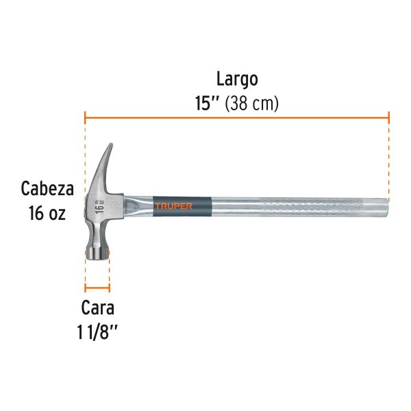 16702 - Martillo tubular pulido 16 oz uña recta, Truper