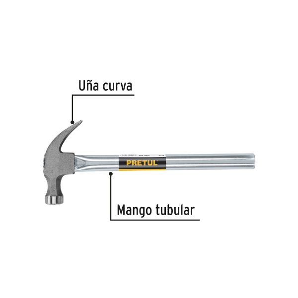 20596 - Martillo uña recta 16 oz, mango tubular, Pretul