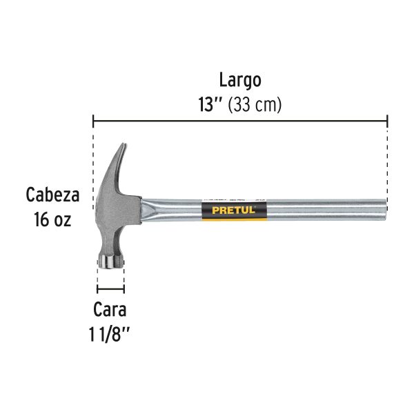 20596 - Martillo uña recta 16 oz, mango tubular, Pretul