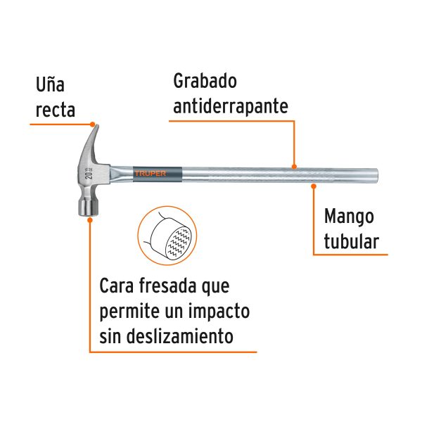 16704 - Martillo tubular pulido 20oz cara fresada, uña recta, Truper