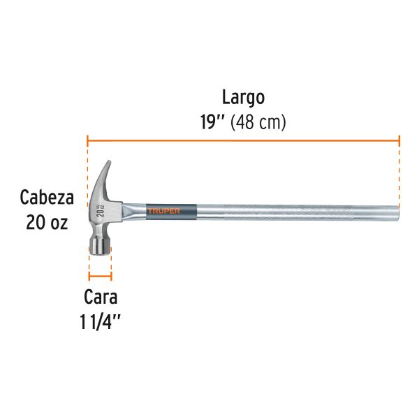 16704 - Martillo tubular pulido 20oz cara fresada, uña recta, Truper