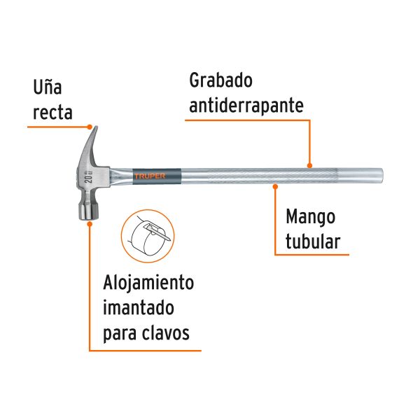 16661 - Martillo tubular pulido 20 oz alojamiento imantado uña recta