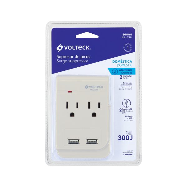 46088 - Multicontacto, 2 entradas,con 2 entradas USB, aterrizado