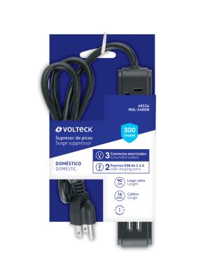 MUL-340UNE1.jpg 49534 - Multicontacto 3 entradas 2 ptos USB sup de picos 300 J negro