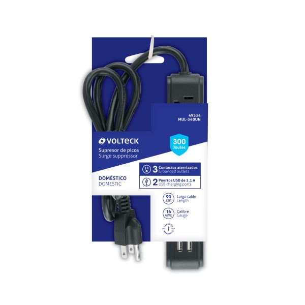 MUL-340UNE1.jpg 49534 - Multicontacto 3 entradas 2 ptos USB sup de picos 300 J negro