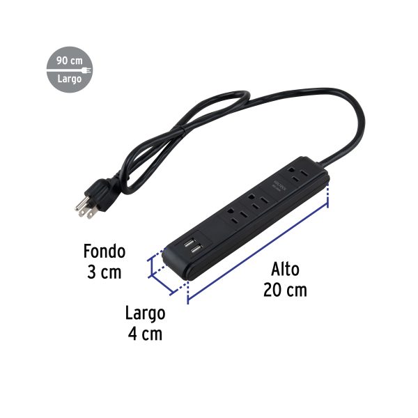 MUL-340UNFC1.jpg 49534 - Multicontacto 3 entradas 2 ptos USB sup de picos 300 J negro