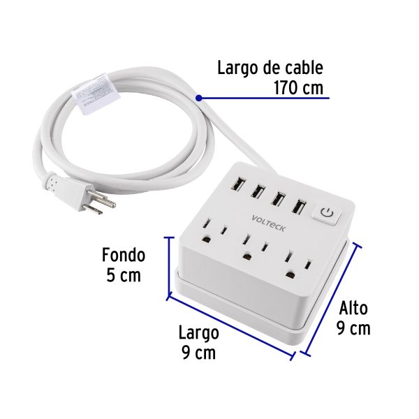 MUL-3UFC2.jpg 49322 - Multicontacto 16 AWG doméstico 3 entradas 4 ptos USB, blanco
