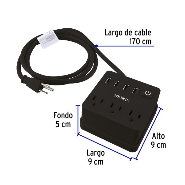 49321 - Multicontacto 16 AWG doméstico, 3 entradas 4 ptos USB, negro
