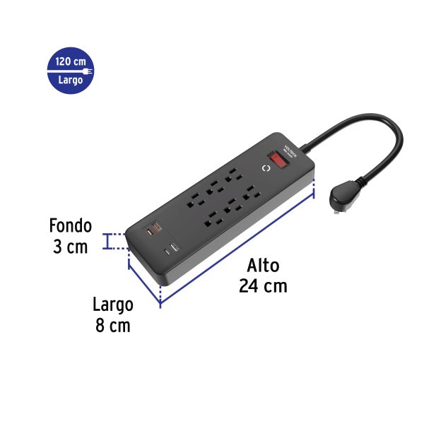 45663 - Multicontacto 6 entradas, 2 USB A + 2 USB C, negro, VOLTECK