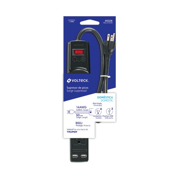 MUL-615UNE1.jpg 46328 - Multicontacto 14 AWG 6 entradas 2 ptos. USB sup. 150J, negro
