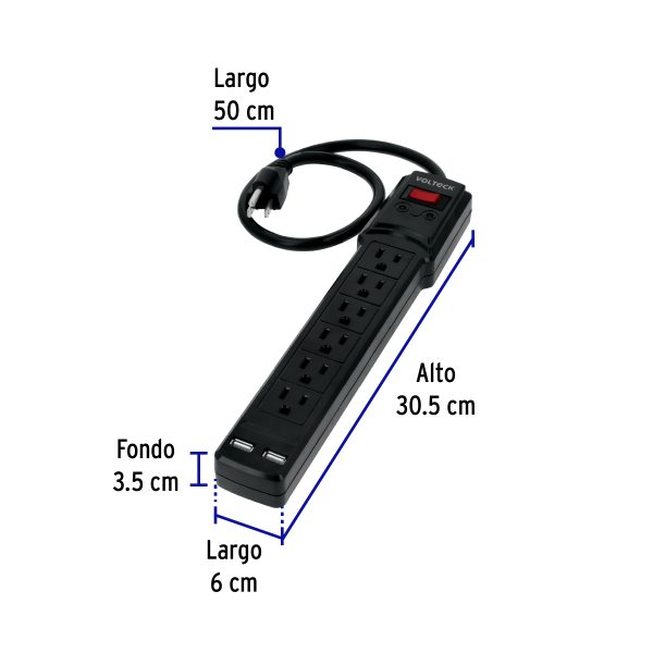 MUL-615UNFC2.jpg 46328 - Multicontacto 14 AWG 6 entradas 2 ptos. USB sup. 150J, negro