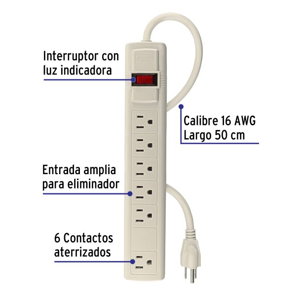47182 - Multicontacto 16 AWG uso rudo con 6 entradas, Volteck