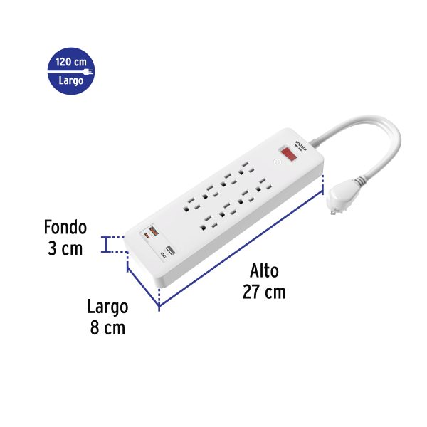 45586 - Multicontacto 8 entradas, 2 USB A + 2 USB C, blanco, VOLTECK