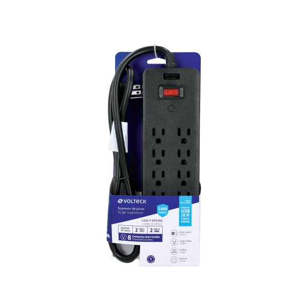 45661 - Multicontacto 8 entradas, 2 USB A + 2 USB C, negro, VOLTECK