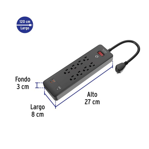45661 - Multicontacto 8 entradas, 2 USB A + 2 USB C, negro, VOLTECK