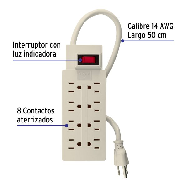 47186 - Multicontacto 14 AWG uso rudo con 8 entradas, Volteck