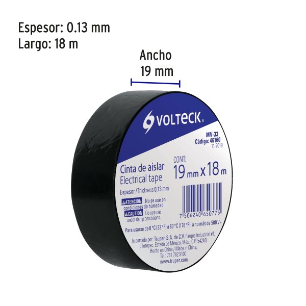 46160 - Cinta de aislar de 18 m x 19 mm, negra, Volteck
