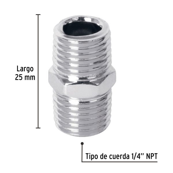 27025 - Niple de acero, macho-macho, cuerda 1/4' NPT, PRETUL