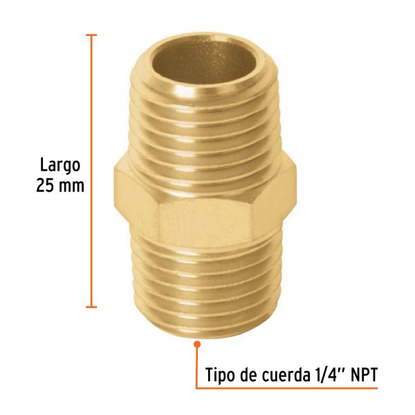 19024 - Niple de latón, macho-macho, cuerda 1/4' NPT, TRUPER