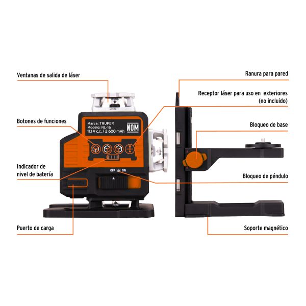 104111 - Nivel láser verde, alcance 25m, 16 líneas, recargable, TRUPE