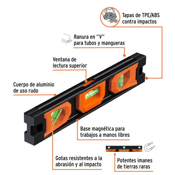 17054 - Nivel torpedo magnético de 10' con cuerpo de aluminio,Expert
