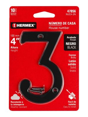 47856 - Número 3 de latón sólido 4', negro,  HERMEX