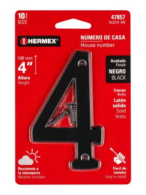 47857 - Número 4 de latón sólido 4', negro,  HERMEX