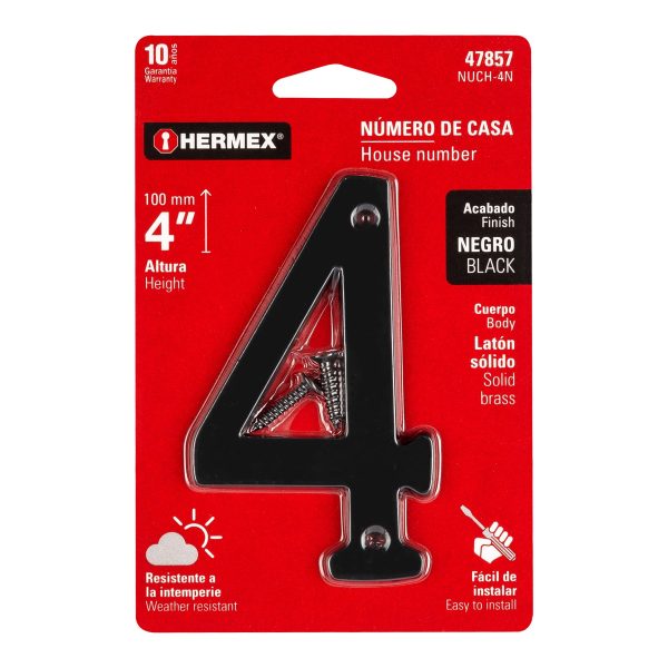 47857 - Número 4 de latón sólido 4', negro,  HERMEX