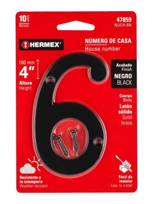 47859 - Número 6 de latón sólido 4', negro,  HERMEX
