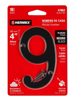 47862 - Número 9 de latón sólido 4', negro,  HERMEX