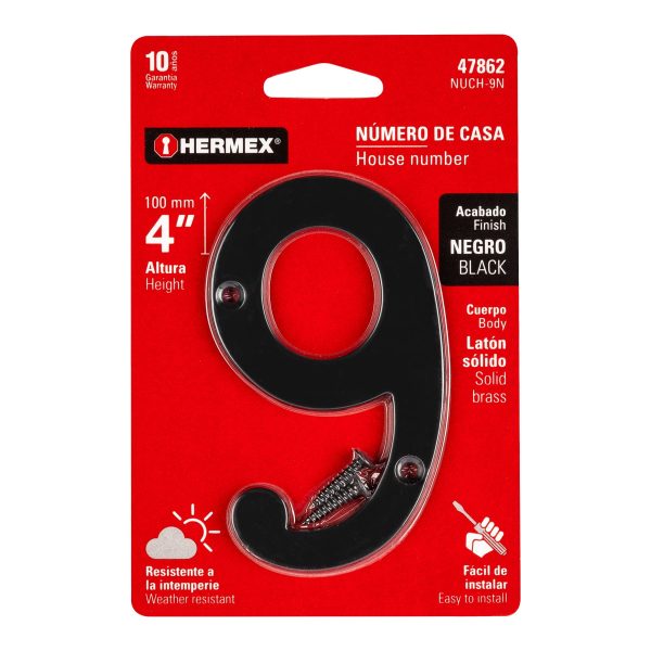 47862 - Número 9 de latón sólido 4', negro,  HERMEX