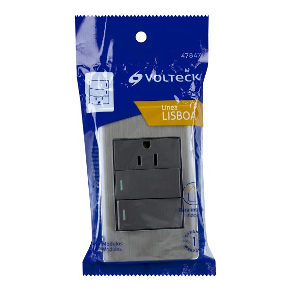 47847 - Placa armada acero 2 interruptores y contacto 1 mód,Lisboa