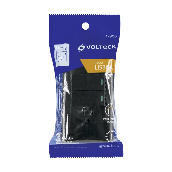 47900 - Placa armada negra 2 interruptores y contacto 1 mód,Lisboa