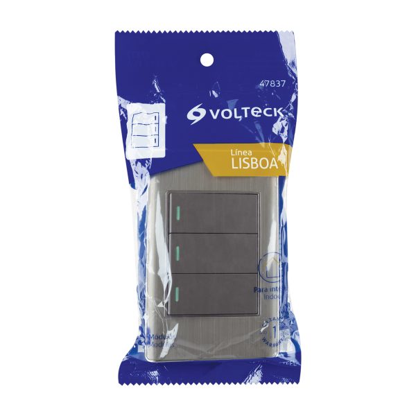 47837 - Placa armada acero 2 interruptores 1 de 3 vías 1 mód,Lisboa