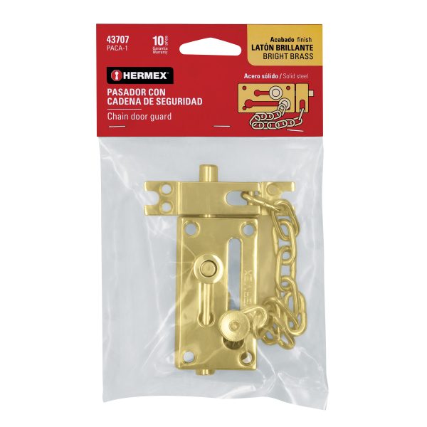 43707 - Pasador con cadena para puerta, acabado latón, HERMEX