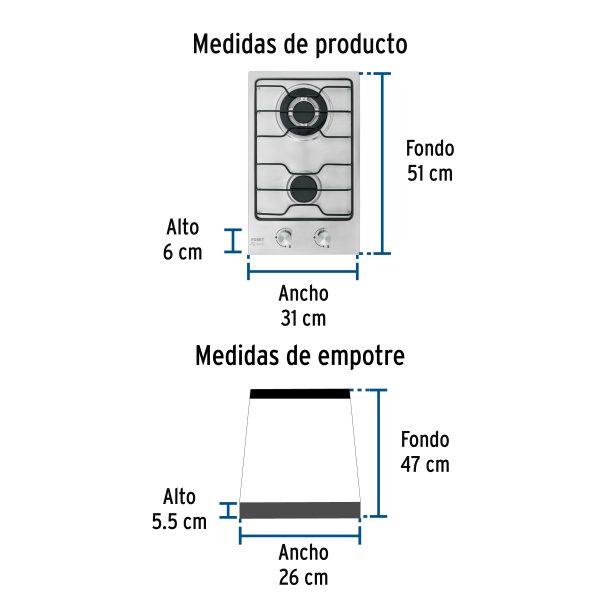 45509 - Parrilla gas empotrable 30cm, 2 quem, inox, esmalte, Foset