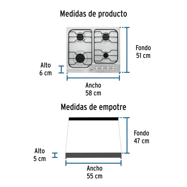 45508 - Parrilla gas empotrable 60cm, 4 quem, inox, esmalte, Foset