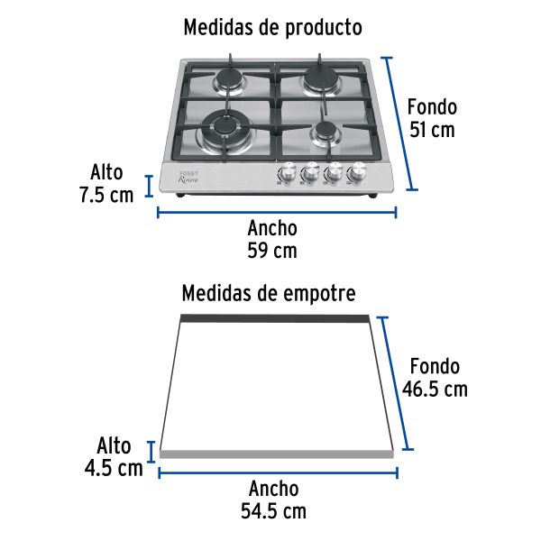 48406 - Parrilla gas empotrable 60cm, 4 quem, acero inox, Riviera