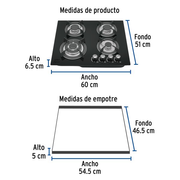 48408 - Parrilla gas empotrable 60cm, 4 quem, vidrio negro, Riviera