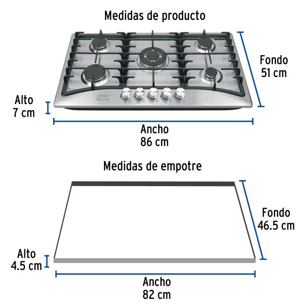 48407 - Parrilla gas empotrable 90cm, 5 quem, acero inox, Riviera