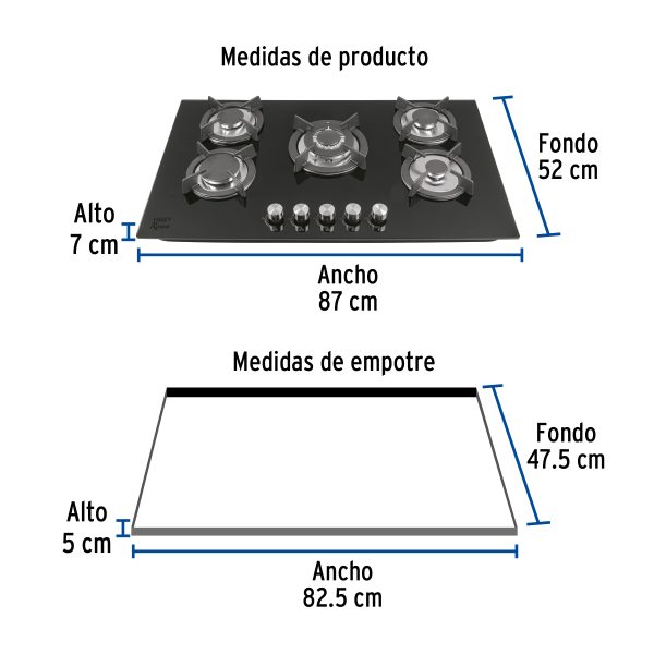 46248 - Parrilla gas empotrable 90cm, 5 quem, vidrio negro, Riviera